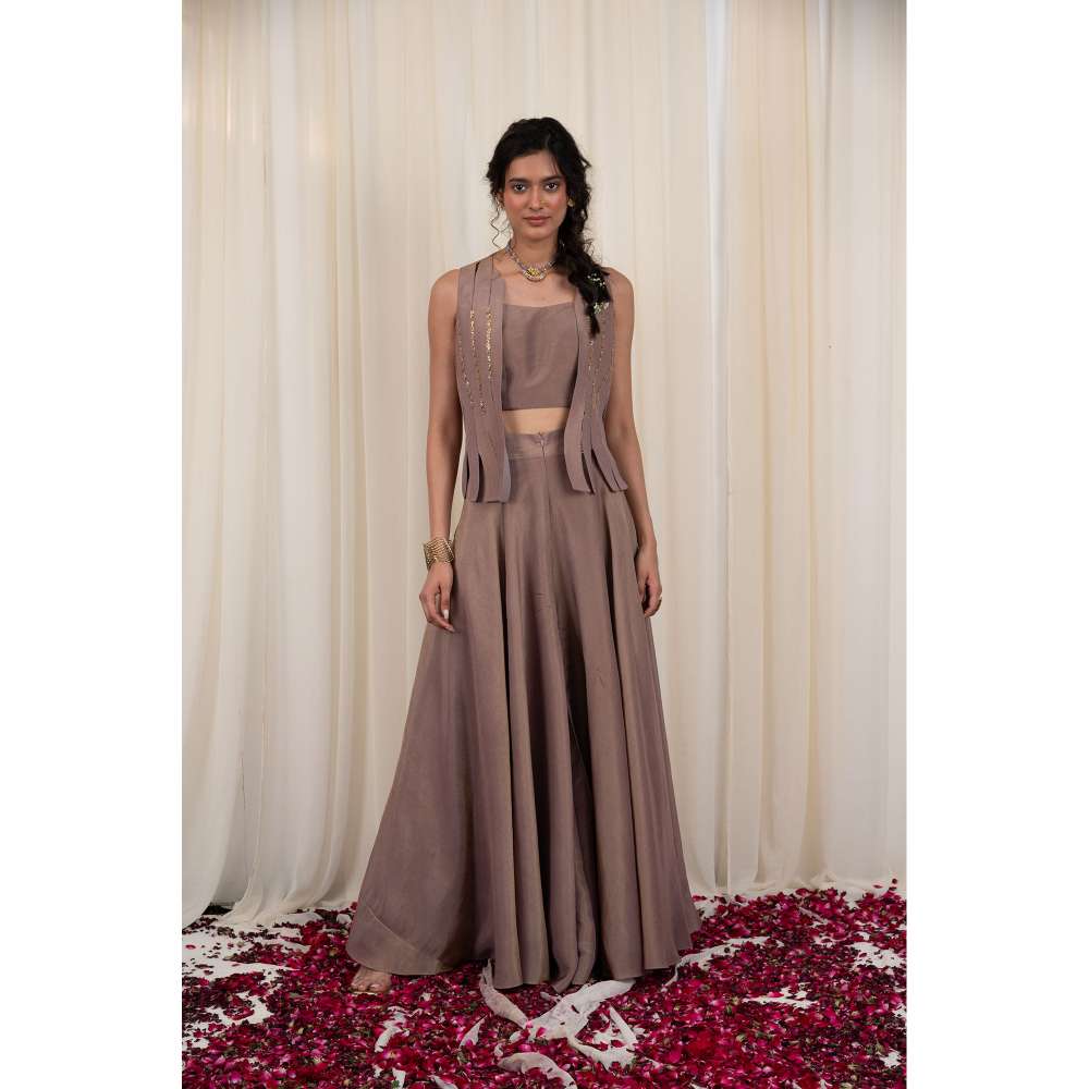 RIRASA Taupe Jacket with Blouse and Lehenga (Set of 3)