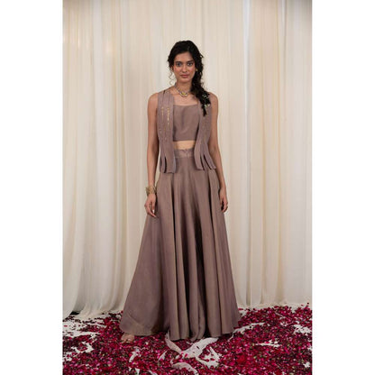 RIRASA Taupe Jacket with Blouse and Lehenga (Set of 3)