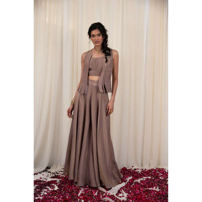 RIRASA Taupe Jacket with Blouse and Lehenga (Set of 3)