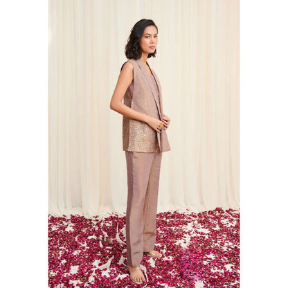 RIRASA Beige Crop Top with Pant and Jacket (Set of 3)