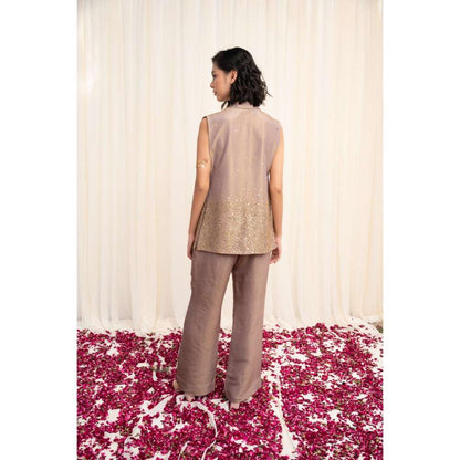 RIRASA Beige Crop Top with Pant and Jacket (Set of 3)