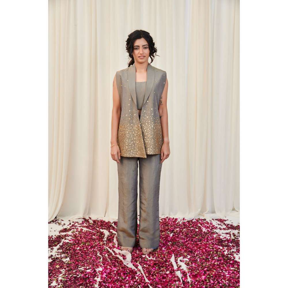 RIRASA Grey Embellished Crop Top with Jacket and Pant (Set of 3)