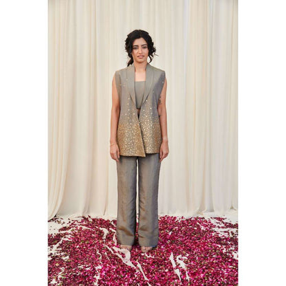 RIRASA Grey Embellished Crop Top with Jacket and Pant (Set of 3)
