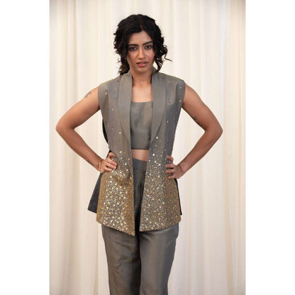 RIRASA Grey Embellished Crop Top with Jacket and Pant (Set of 3)