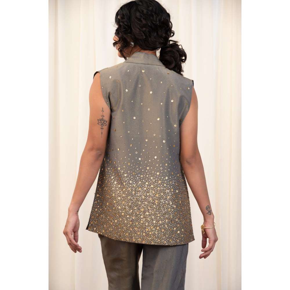 RIRASA Grey Embellished Crop Top with Jacket and Pant (Set of 3)