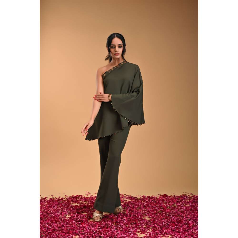 RIRASA Green Embroidered One Shoulder Top with Pant (Set of 2)