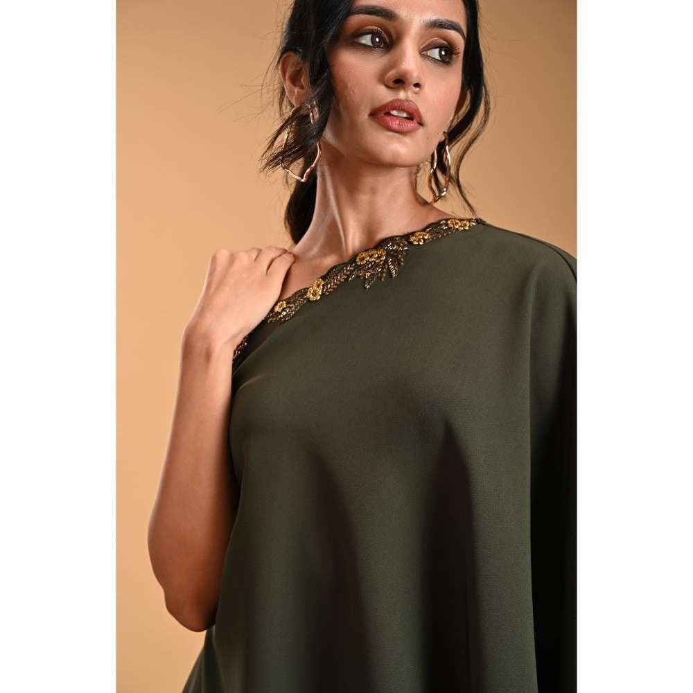 RIRASA Green Embroidered One Shoulder Top with Pant (Set of 2)