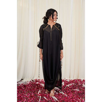 RIRASA Black Round Neck Georgette Maxi Dress with Inner (Set of 2)