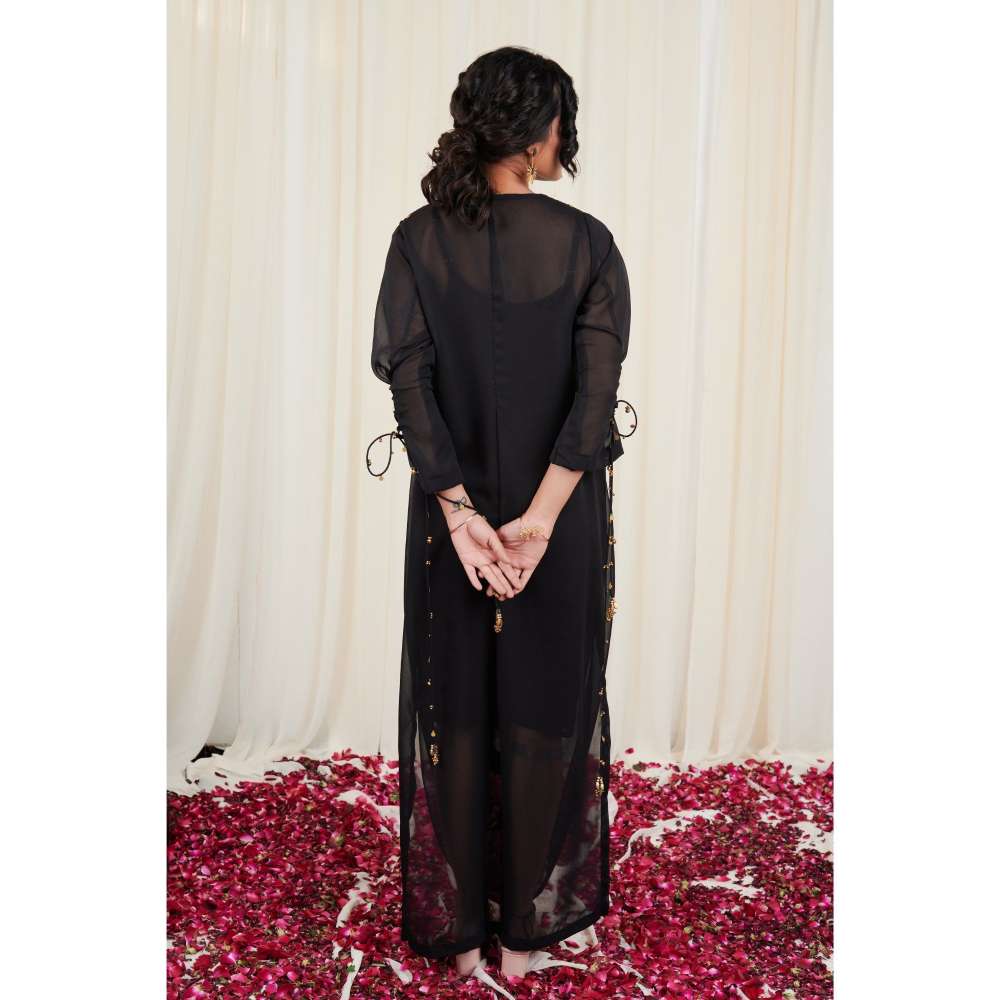 RIRASA Black Round Neck Georgette Maxi Dress with Inner (Set of 2)