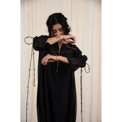 RIRASA Black Round Neck Georgette Maxi Dress with Inner (Set of 2)