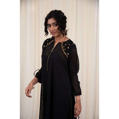 RIRASA Black Round Neck Georgette Maxi Dress with Inner (Set of 2)