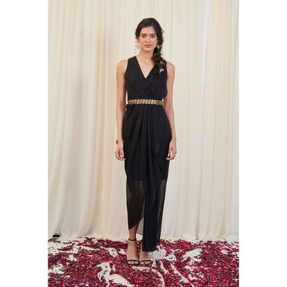 RIRASA Black V Neck Sleeveless Georgette Maxi Dress with Belt (Set of 2)