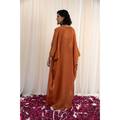 RIRASA Mustard Cape with V-Neck Georgette Maxi Dress and Belt (Set of 3)