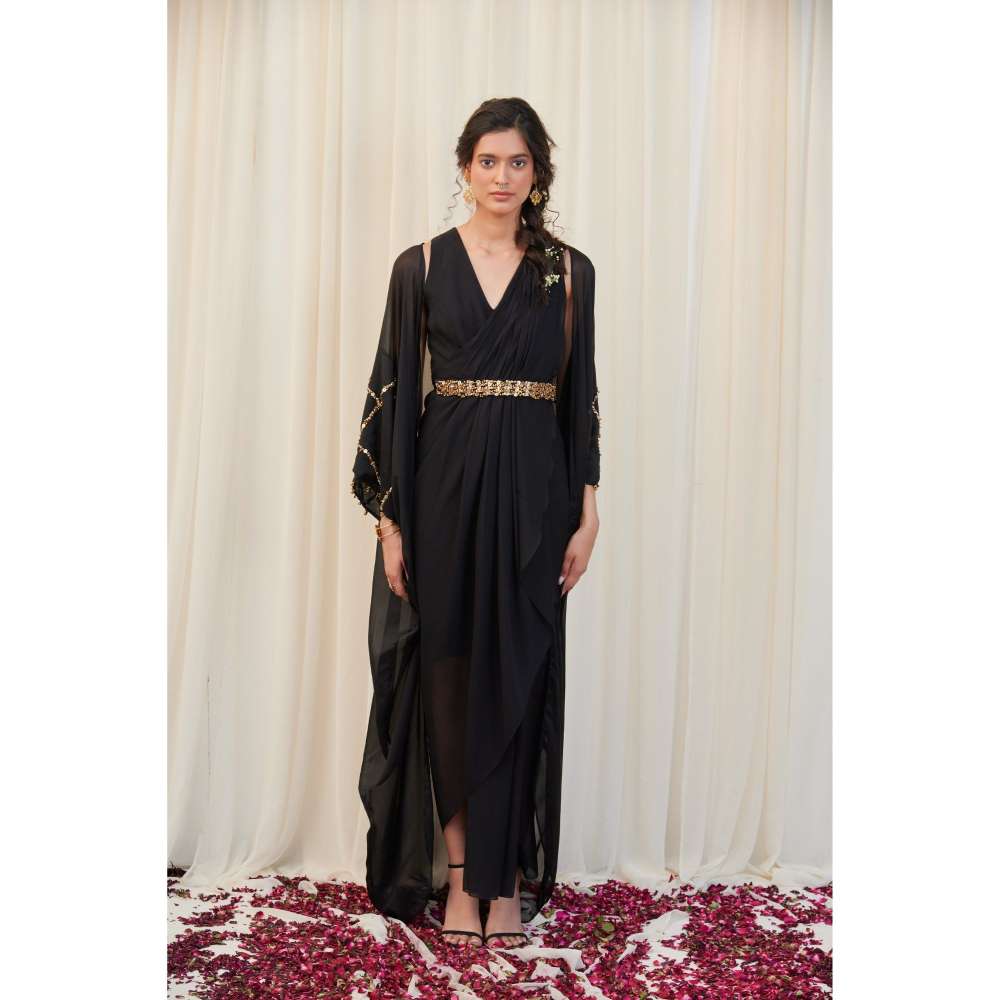 RIRASA Black Cape with V-Neck Georgette Maxi Dress and Belt (Set of 3)