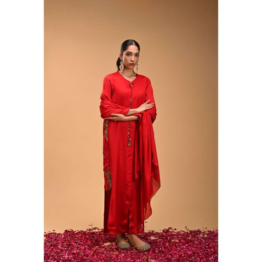 RIRASA Red Tie-Up Neck Maxi Dress with Dupatta (Set of 2)