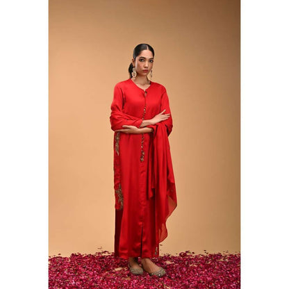 RIRASA Red Tie-Up Neck Maxi Dress with Dupatta (Set of 2)