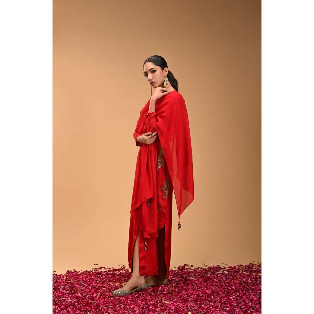 RIRASA Red Tie-Up Neck Maxi Dress with Dupatta (Set of 2)