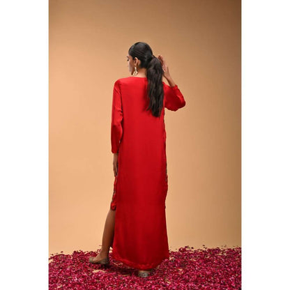 RIRASA Red Tie-Up Neck Maxi Dress with Dupatta (Set of 2)