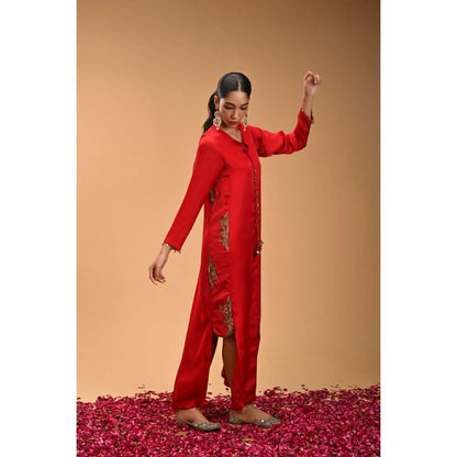 RIRASA Red Tie-Up Neck Maxi Dress with Dupatta (Set of 2)