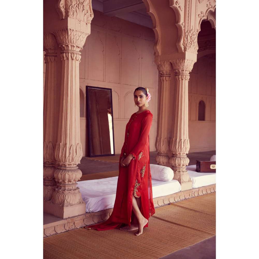 RIRASA Red Tie-Up Neck Maxi Dress with Dupatta (Set of 2)