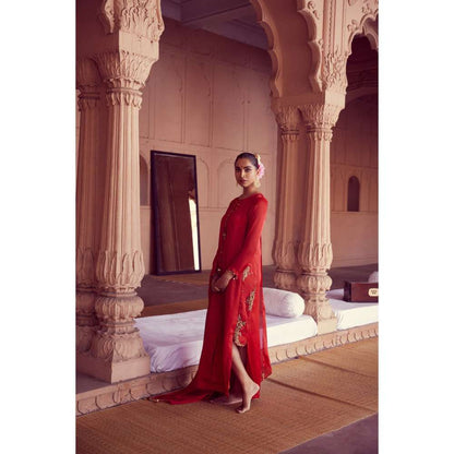 RIRASA Red Tie-Up Neck Maxi Dress with Dupatta (Set of 2)