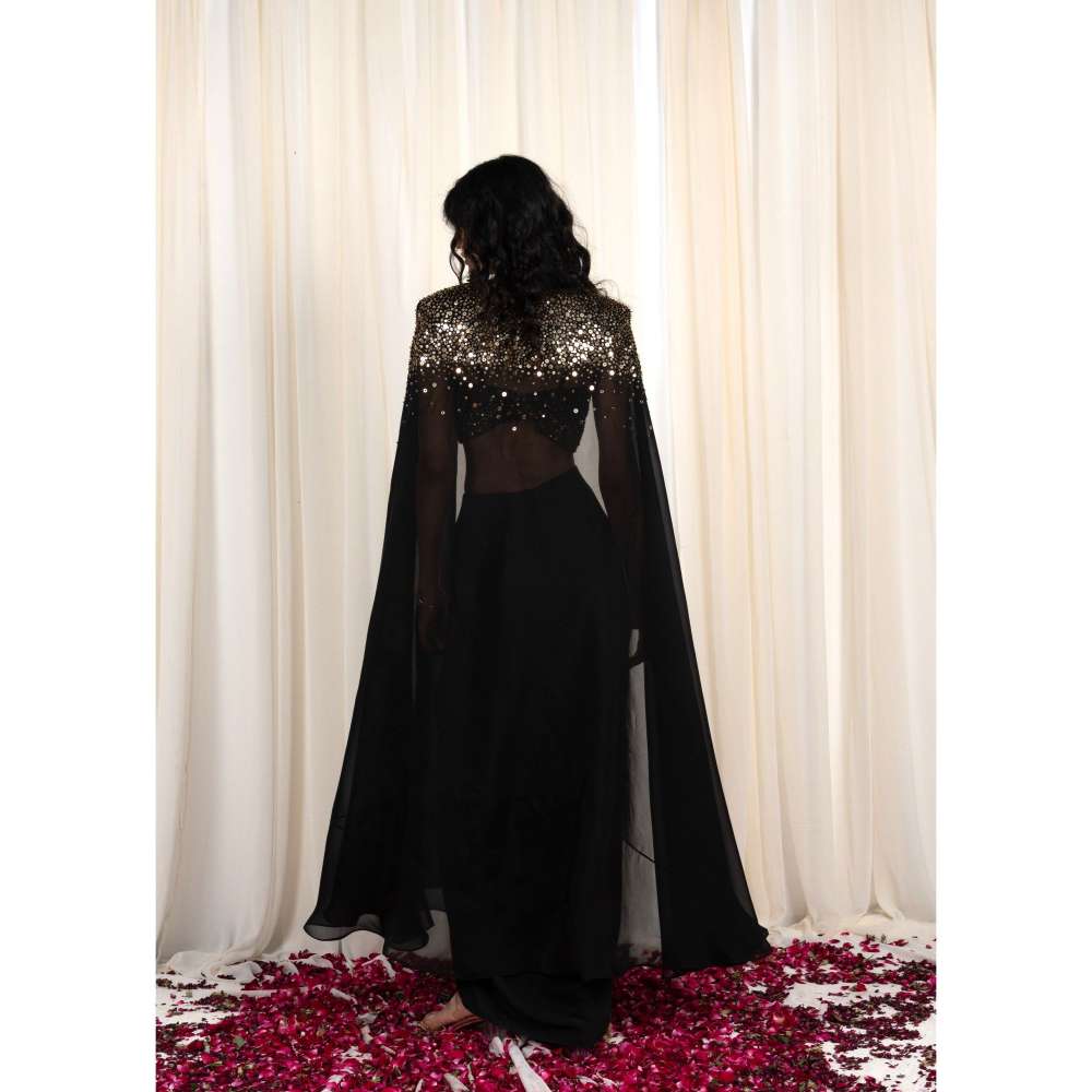 RIRASA Black Skirt with Cape and Embroidered Blouse (Set of 3)