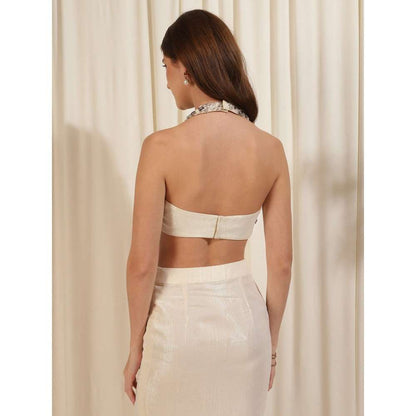 RIRASA Ivory Embroidered Crop Top with Skirt (Set of 2)