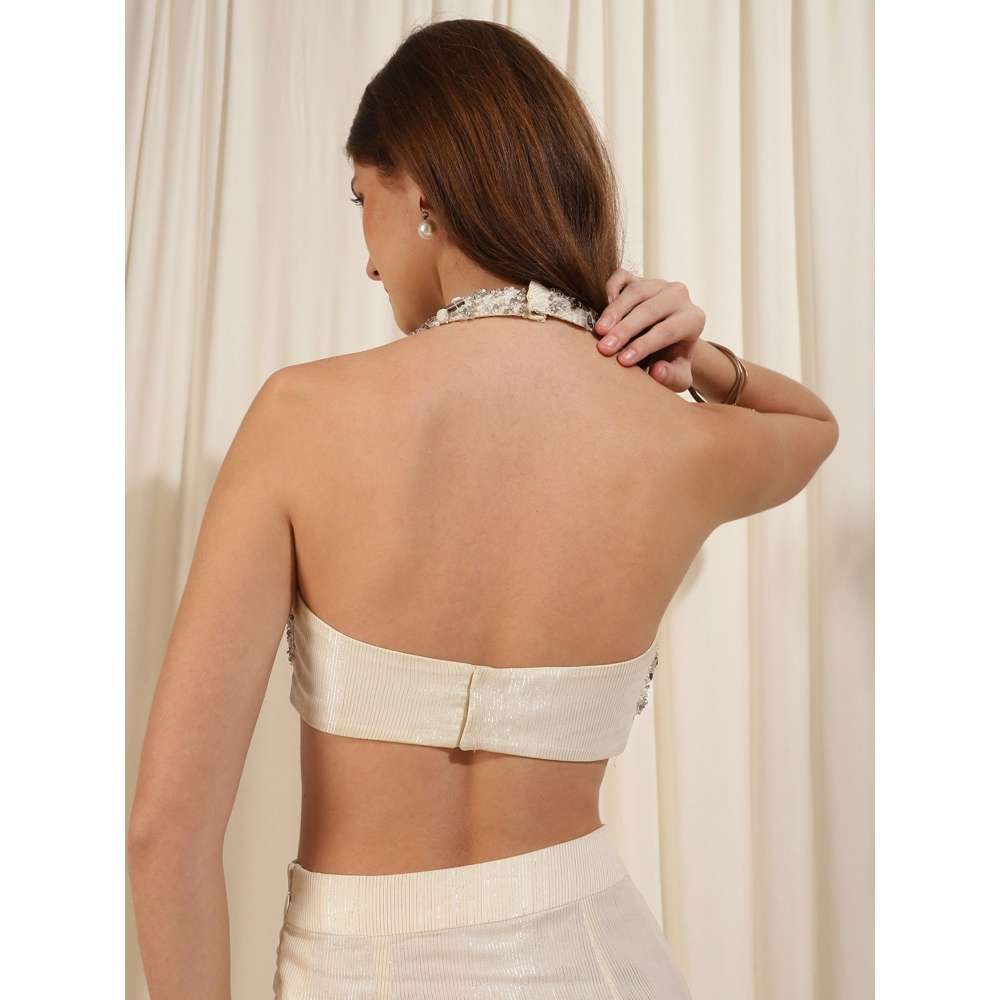 RIRASA Ivory Embroidered Crop Top with Skirt (Set of 2)