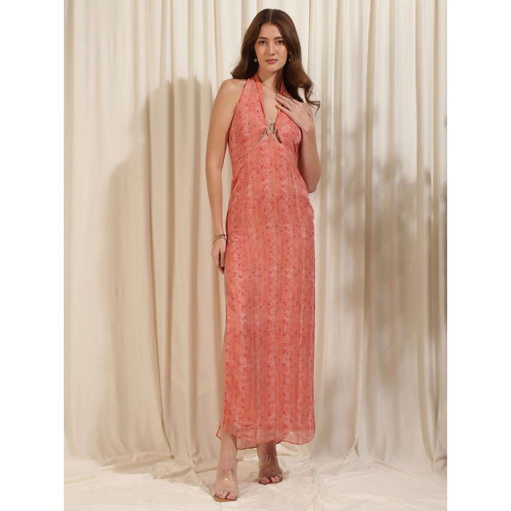 RIRASA Pink Halter Neck Georgette Maxi Dress