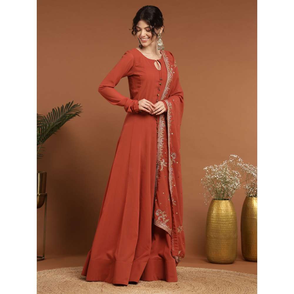 RIRASA Acala Georgette Rust Anarkali with Dupatta (Set of 2)