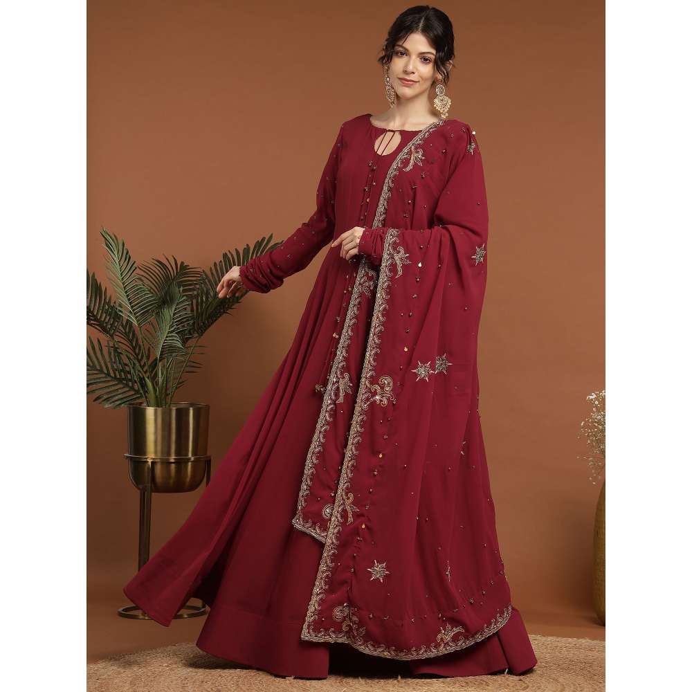 RIRASA Anaya Georgette Maroon Anarkali with Dupatta (Set of 2)