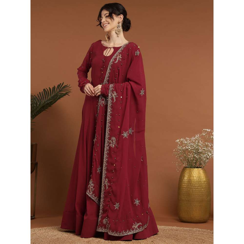 RIRASA Anaya Georgette Maroon Anarkali with Dupatta (Set of 2)