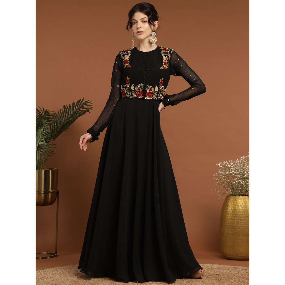 RIRASA Mayura Georgette Black Anarkali with Jacket (Set of 2)