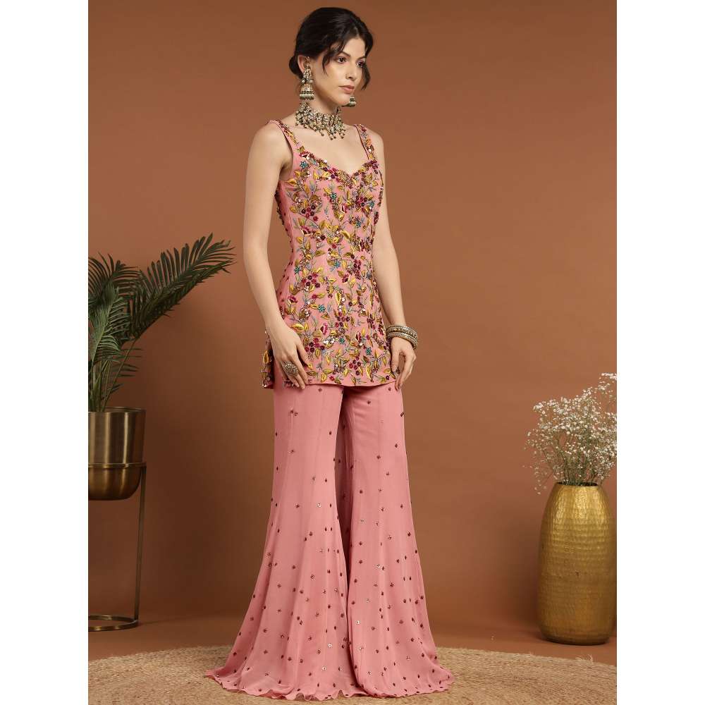 RIRASA Sakshi Georgette Pastel Pink Kurta with Sharara and Dupatta (Set of 3)