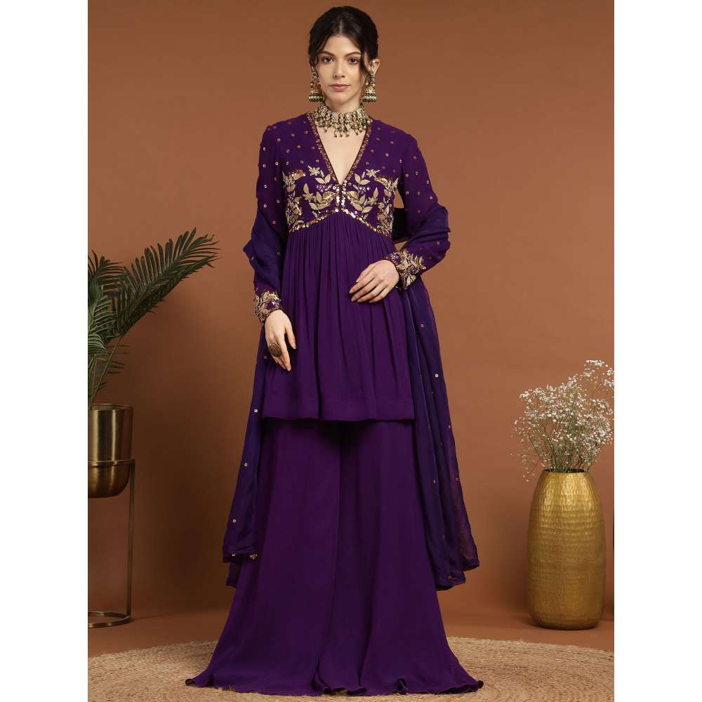 RIRASA Nirguna Georgette Purple Top with Sharara and Dupatta (Set of 3)