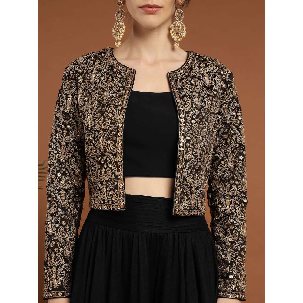 RIRASA Punyah Satin and Silk Black Lehenga with Bustier and Jacket (Set of 3)