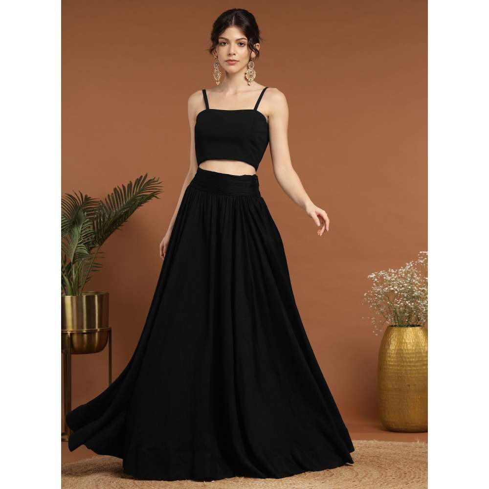 RIRASA Punyah Satin and Silk Black Lehenga with Bustier and Jacket (Set of 3)