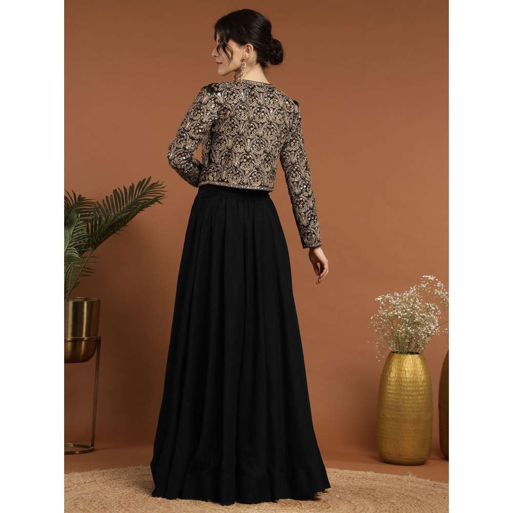 RIRASA Punyah Satin and Silk Black Lehenga with Bustier and Jacket (Set of 3)