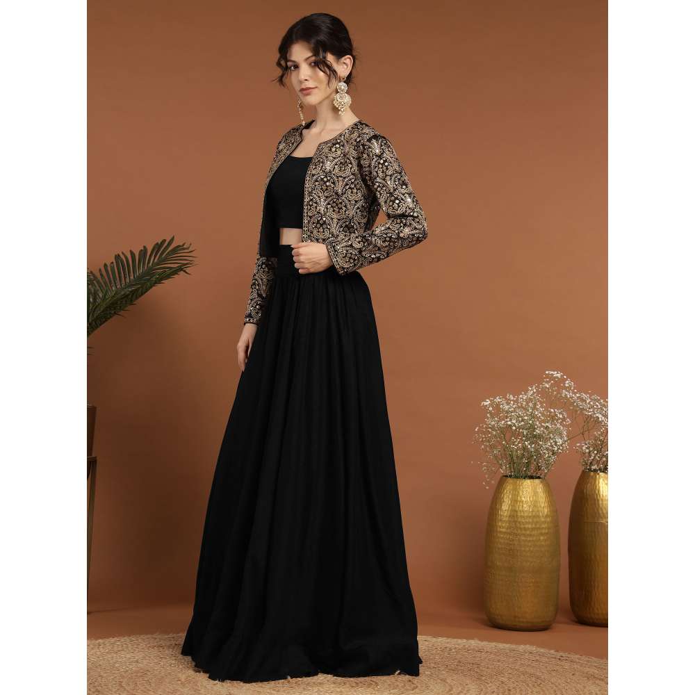 RIRASA Punyah Satin and Silk Black Lehenga with Bustier and Jacket (Set of 3)