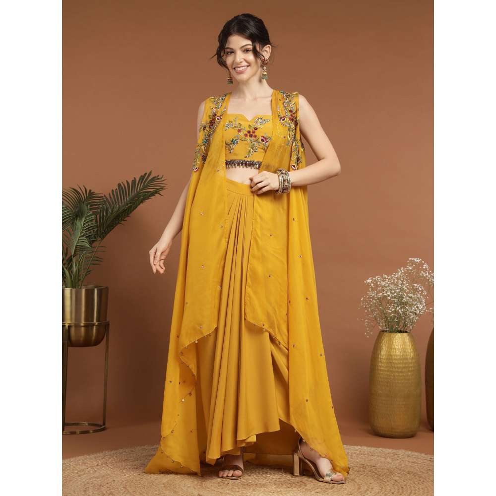 RIRASA Madana Crepe Yellow Bustier with Skirt and Cape (Set of 3)