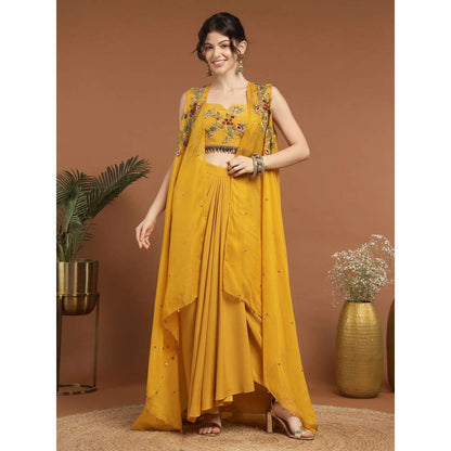 RIRASA Madana Crepe Yellow Bustier with Skirt and Cape (Set of 3)