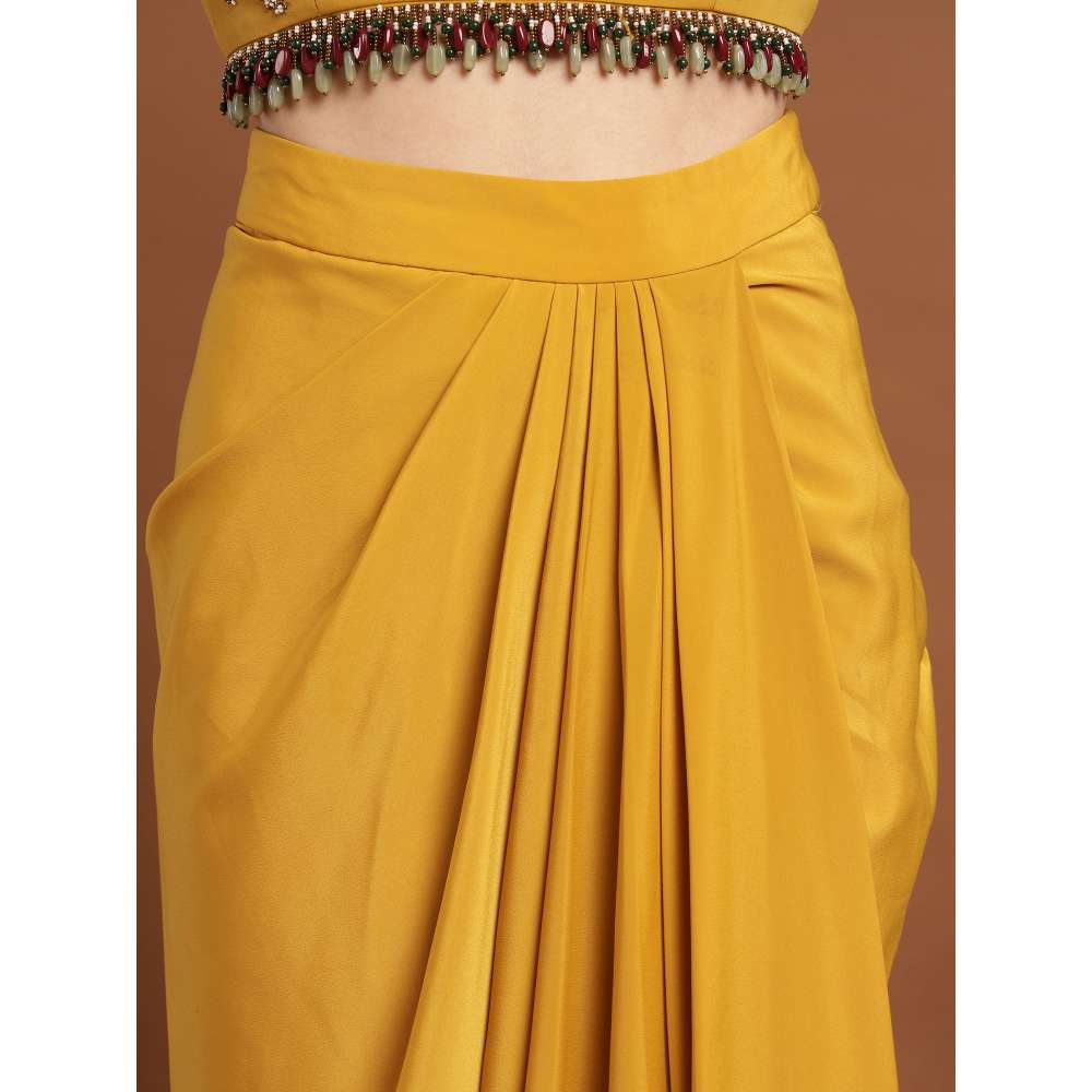 RIRASA Madana Crepe Yellow Bustier with Skirt and Cape (Set of 3)