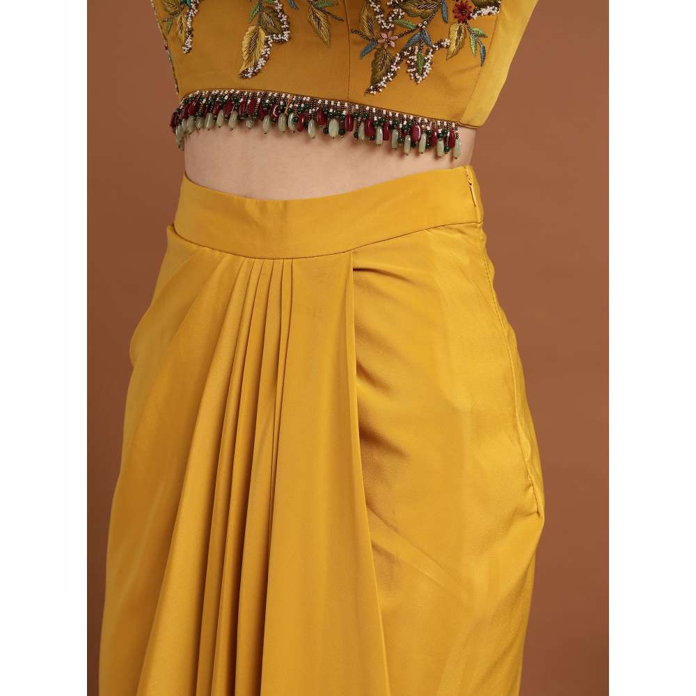 RIRASA Madana Crepe Yellow Bustier with Skirt and Cape (Set of 3)