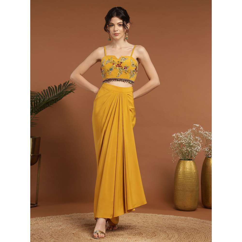 RIRASA Madana Crepe Yellow Bustier with Skirt and Cape (Set of 3)