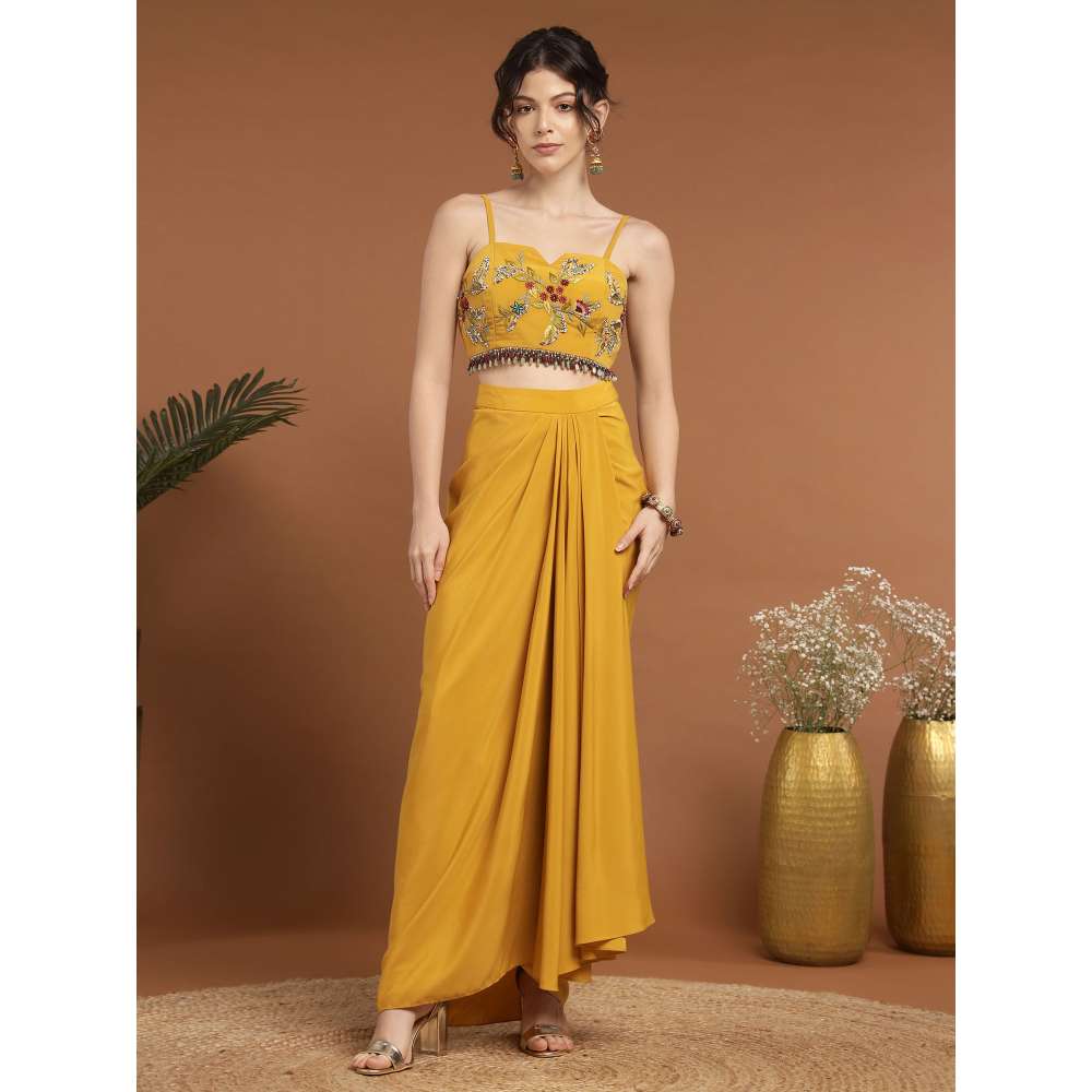RIRASA Madana Crepe Yellow Bustier with Skirt and Cape (Set of 3)