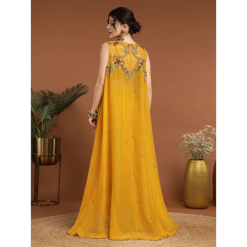 RIRASA Madana Crepe Yellow Bustier with Skirt and Cape (Set of 3)