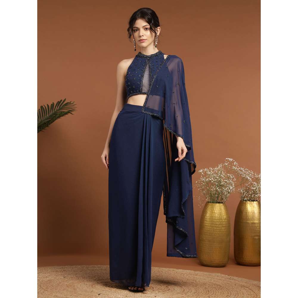 RIRASA Mohnish Georgette and Net Navy Blue Pre-Drape Saree with Stitched Blouse