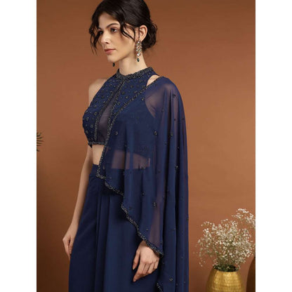 RIRASA Mohnish Georgette and Net Navy Blue Pre-Drape Saree with Stitched Blouse