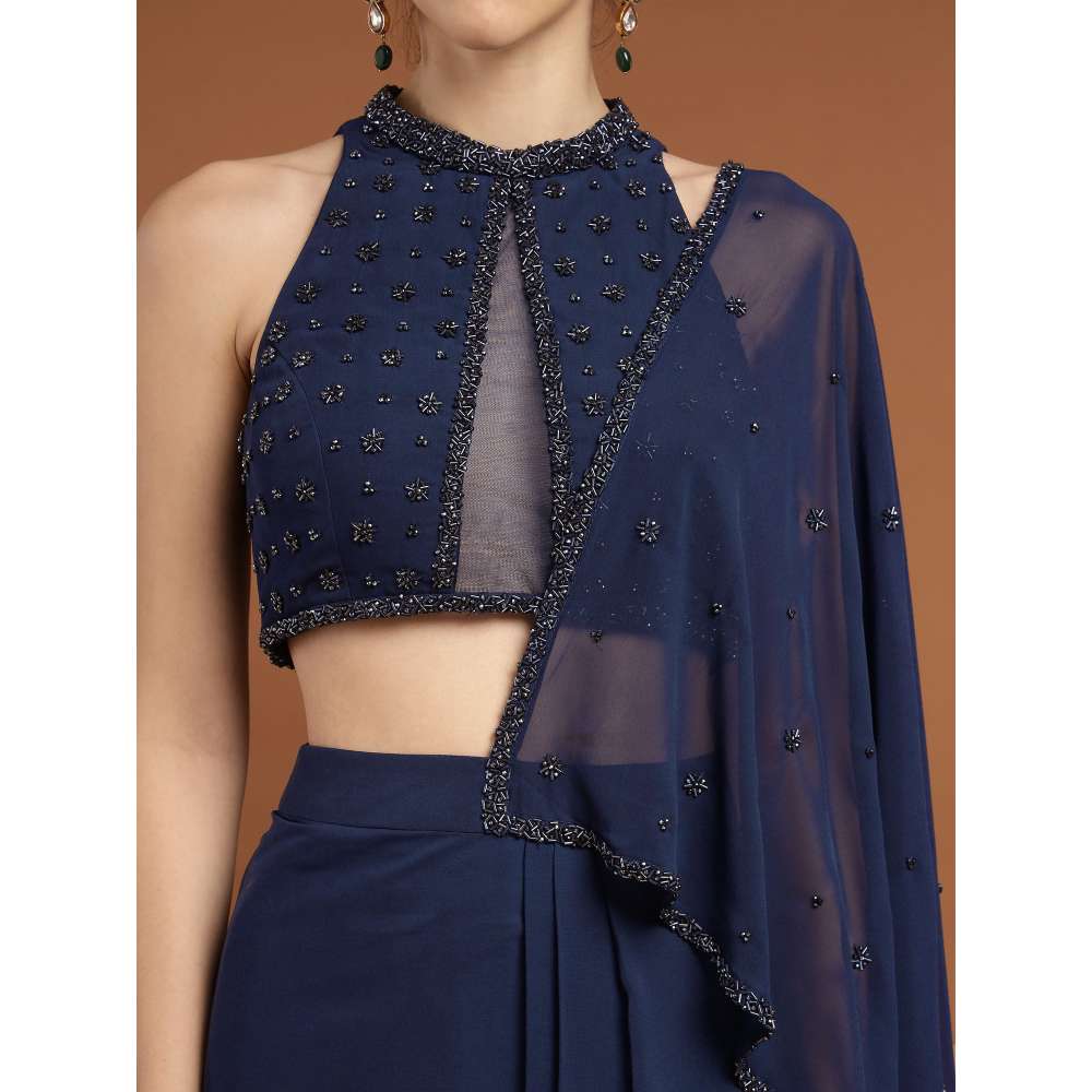 RIRASA Mohnish Georgette and Net Navy Blue Pre-Drape Saree with Stitched Blouse