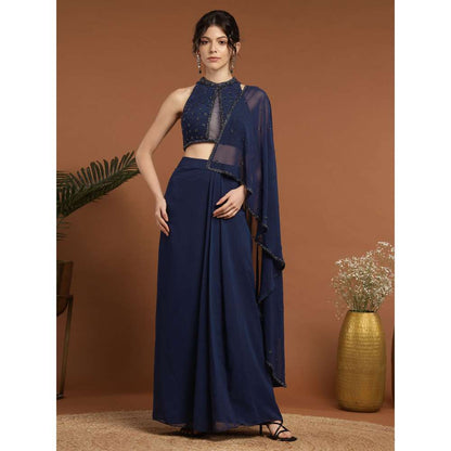 RIRASA Mohnish Georgette and Net Navy Blue Pre-Drape Saree with Stitched Blouse